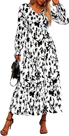 NOLLSOM Women's 2024 Fall Dresses Boho Maxi Dress Casual Long Sleeve V