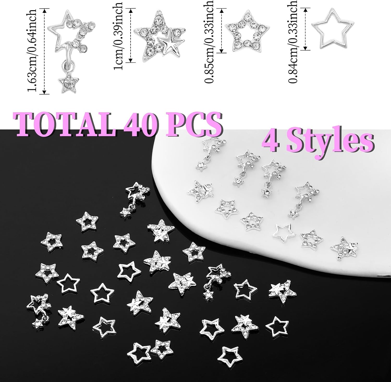40 Pcs Star Nail Charms Silver Star Charms Y2k Nail Charms 3D Star Gems for Nails DIY Crafts Jewelry Decoration Nail Supplies (4 Styles)