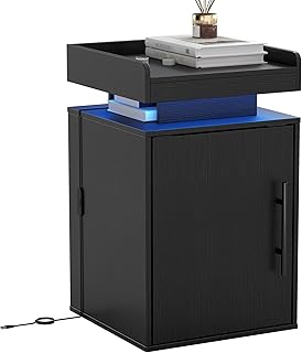 Nightstand with LED Lights, Wooden Bedside Table with Storage Cabinet, Modern End Tables for Bedroom(Black)