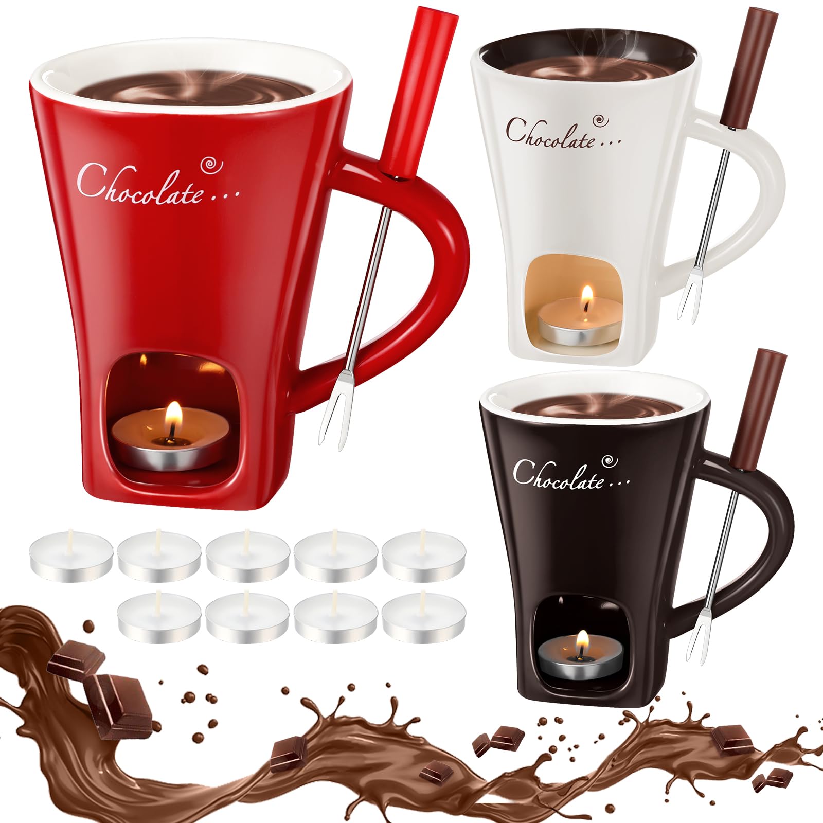 Honeydak 3 Set Chocolate Fondue Mug with Fork ＆ Candle, Red, White, Brown