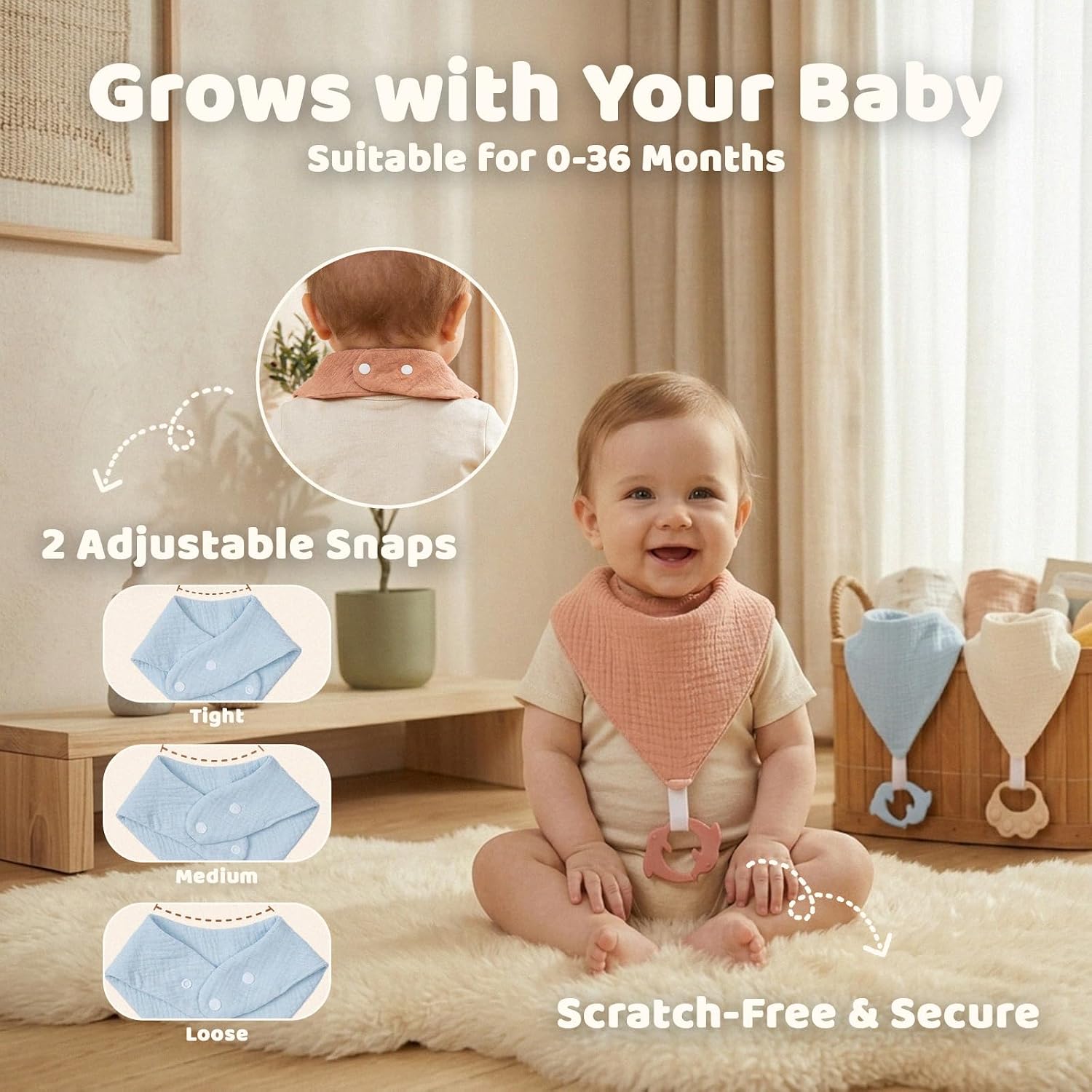Soft Muslin Baby Bandana Drool Bibs for Boys & Girls, Absorbent Infant Teething Bib with 2 Teethers & Snaps