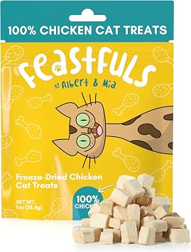 ALBERT & MIA Feastfuls Freeze Dried Cat Treats - 100% Freeze Dried Chicken Breast, Soft, Healthy Cat Treats, High in Protein, Extra Tasty, Great for Training Cats, as Snack and Kitty Food Topper 1oz