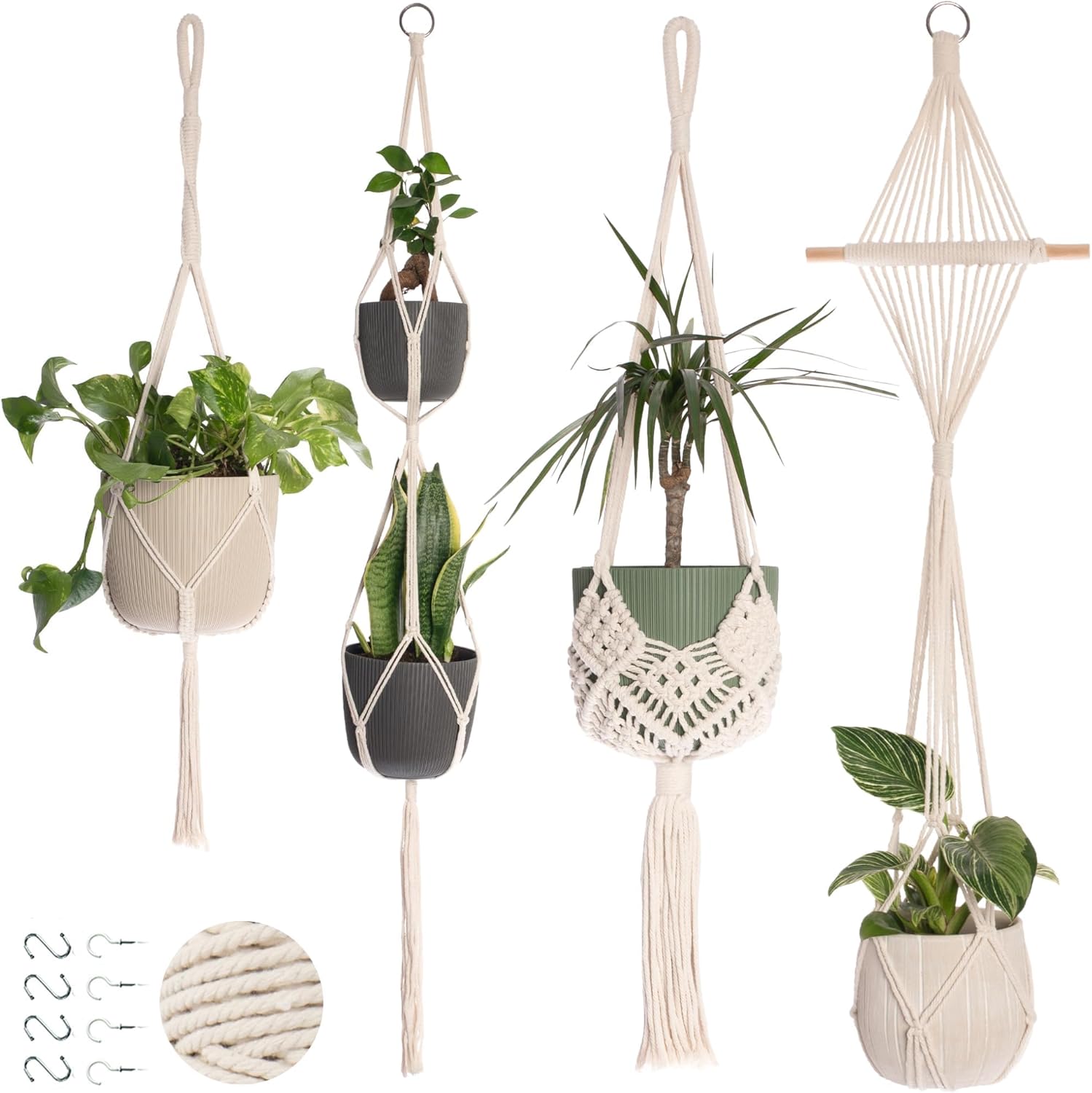 Nook Theory 4-Pack Macrame Plant Hangers with 8 Hooks - Hanging Planters for Indoor Plants, Boho Macrame Hangers Indoor Outdoor, Decorative Plant Hanger Indoor (Cream)