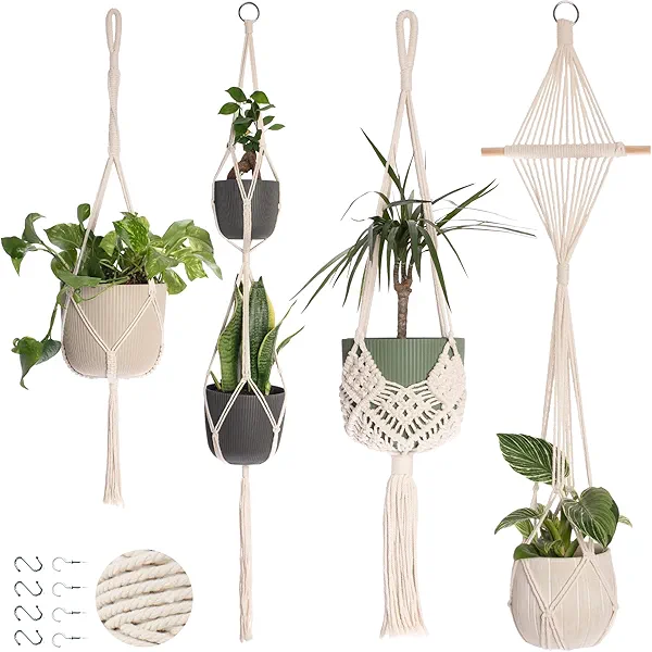 Nook Theory 4 Pack Macrame Plant Hanger - Hanging Planters for Indoor Plants, Boho Plant Holder with 8 Ceiling Hooks (Cream)