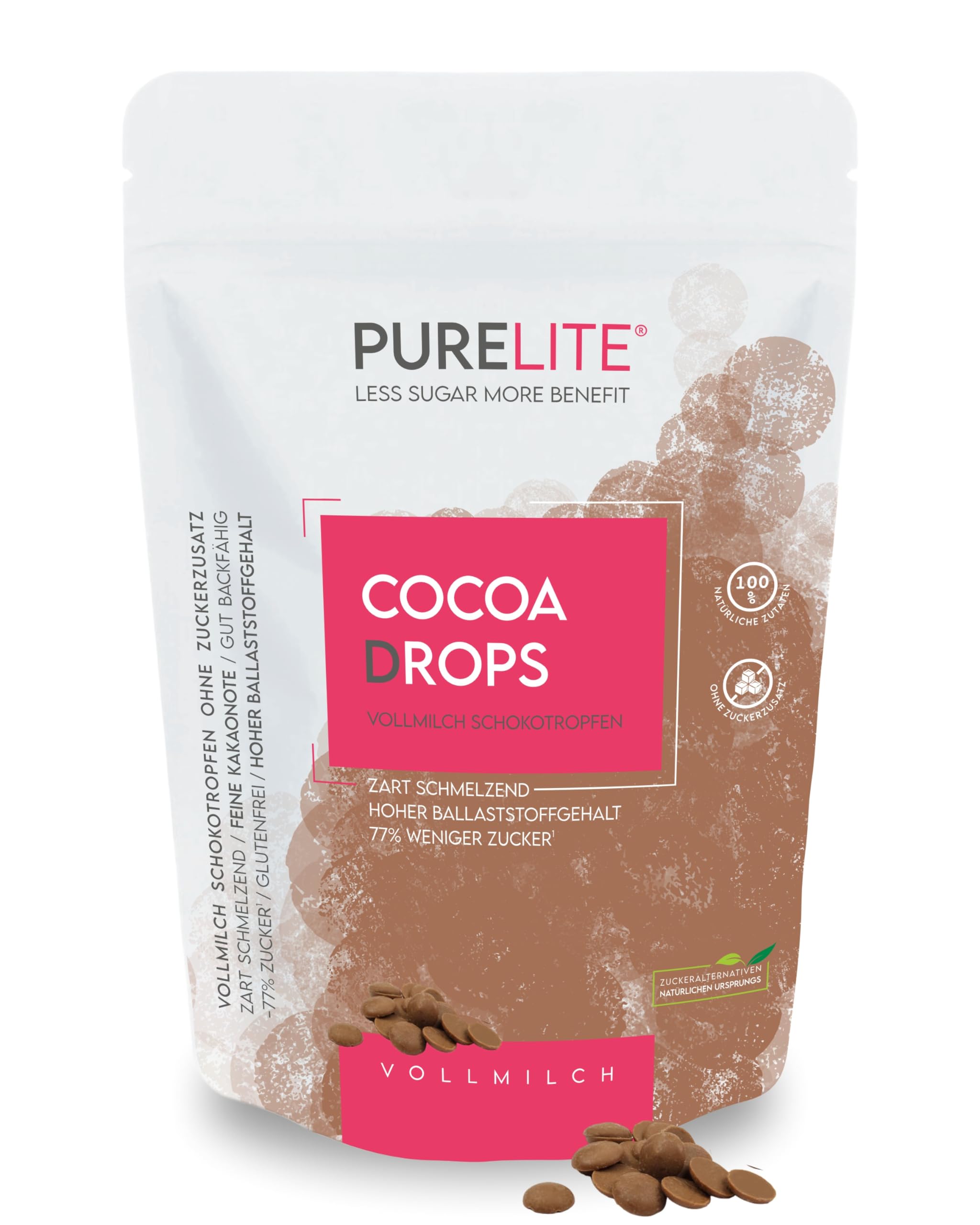 PURELITE Cocoa Drops chocolate con leche 450g sin azúcares añadidos eritritol stevia 77% menos azúcar