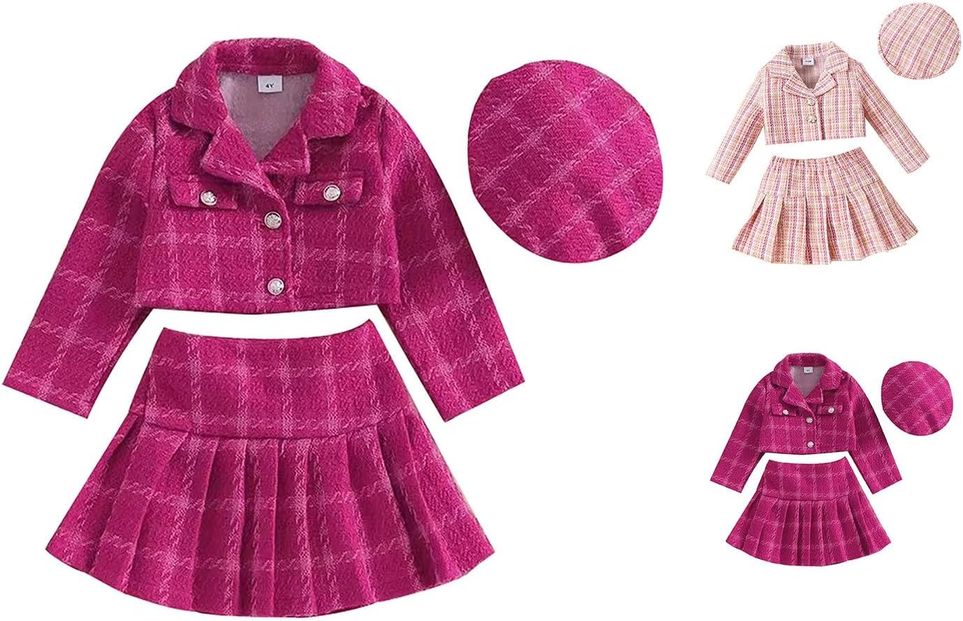 Little Girl Pleated Skirt Set Long Sleeve Cropped Top Button Down Jacket Coat + Skirts + Hat Spring Clothes