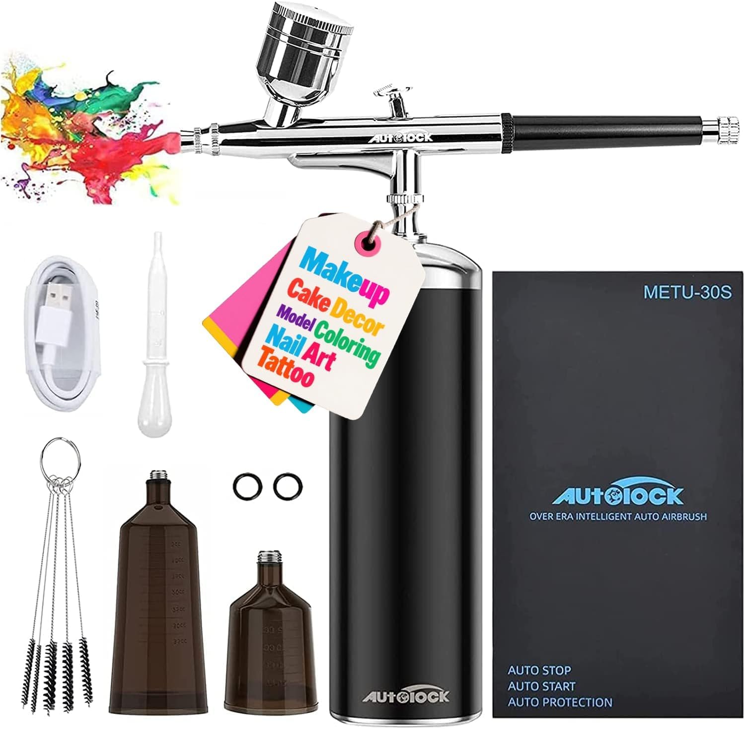 Autolock Upgraded Airbrush Kit with Air Compressor, Portable Cordless Auto Airbrush Gun Kit, Rechargeable Handheld Airbrush Set for Makeup, Cake Decor, Model Coloring, Nail Art, Tattoo