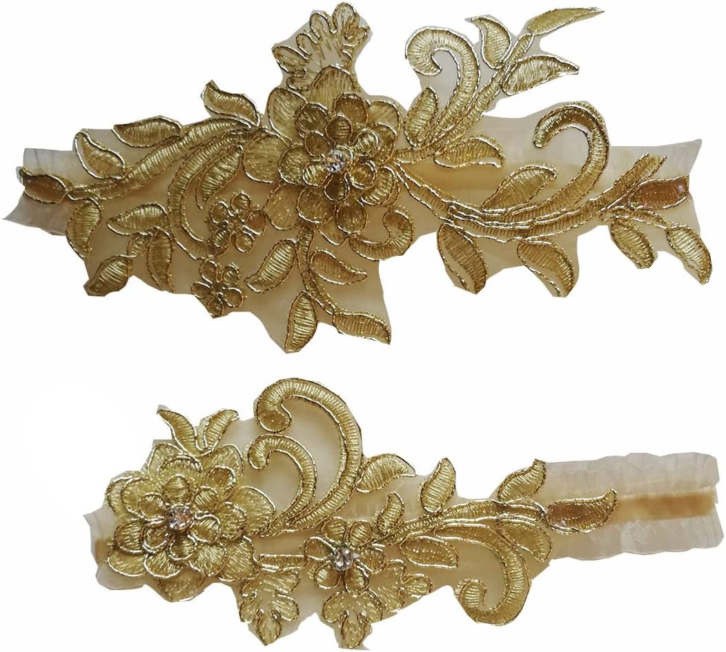 Wedding garters for bride sequins lace bridal garter set (Glod)