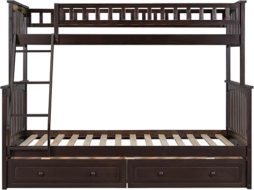 Miniatura 192 de Litera individual sobre matrimonial con cajones, escalera deslizante y almacenamiento, litera de madera con barandilla alta y escalera para niños,