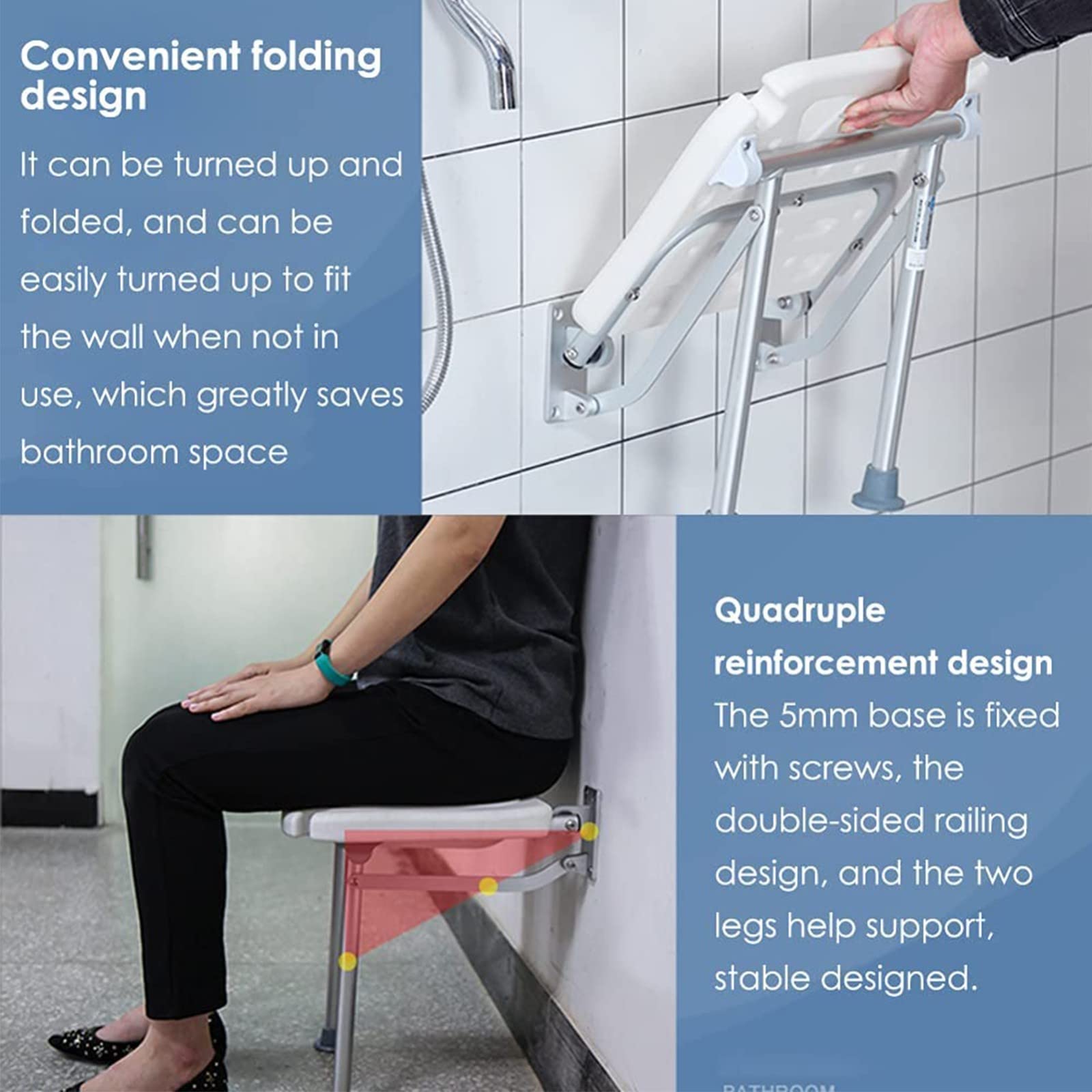 Banco de ducha plegable con agujeros de drenaje y patas antideslizantes, silla de ducha para ancianos, discapacitados, mujeres embarazadas, ranura para cabezal de ducha para mayor comodidad