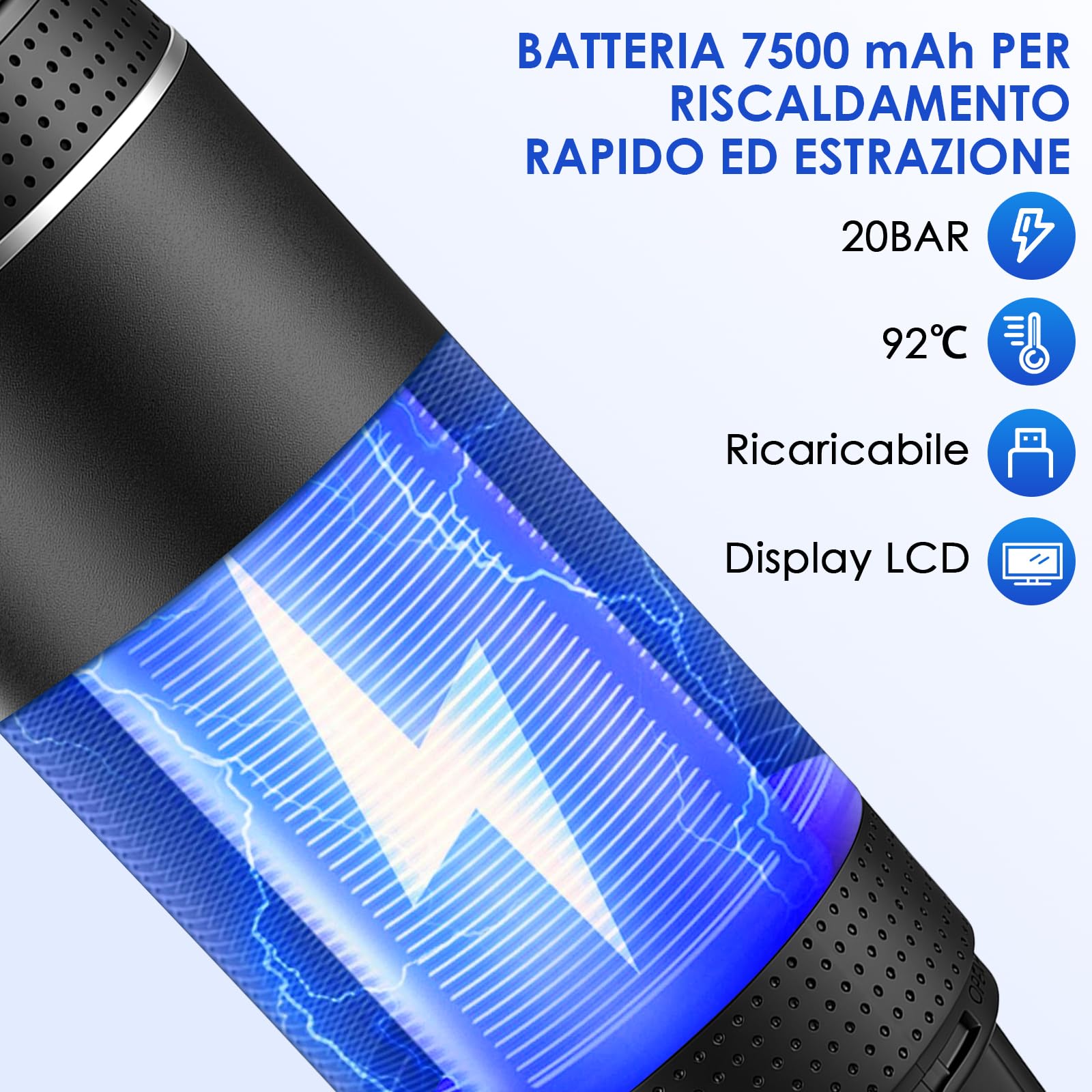 Dreamhigh® Macchina Caffè Portatile 7500mAh, Mini Macchina Espresso Portatile da Viaggio con USB Type-C & Display LED, Espresso 20 Bar per Capsule & Caffè Macinato, Ideale per Camping e Viaggi