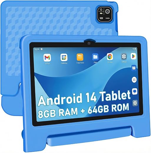 NRKDUBQ J10P Kids Tablet, 10.1" HD IPS Screen, Android 14, 8GB RAM, 64GB Storage, Blue, 12-Hour Battery, Parental Controls