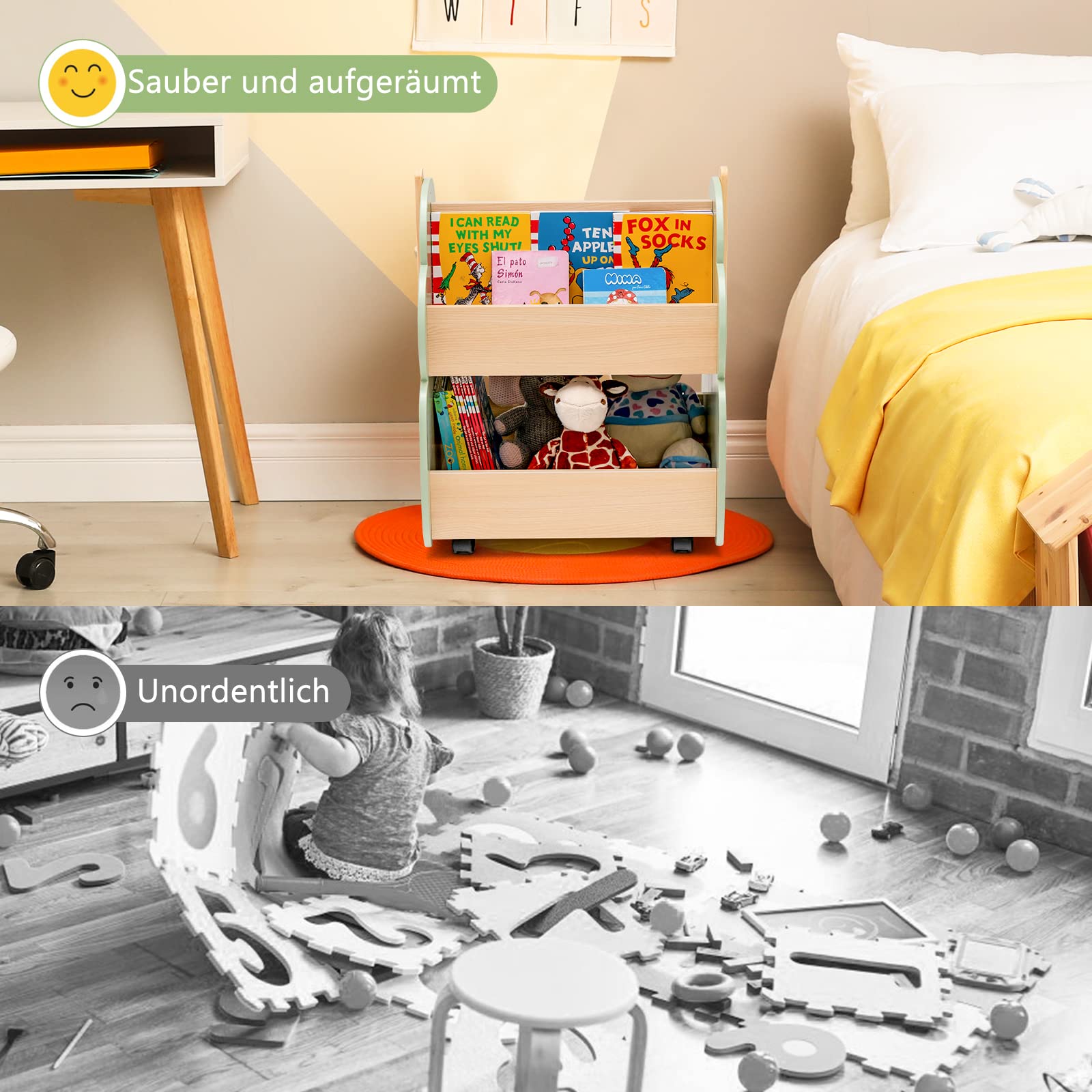 COSTWAY Kinder Bücherregal auf Rollen, 2 Ebenen Spielzeugregal aus Holz, 52 x 46 x 62,5 cm (Grün)