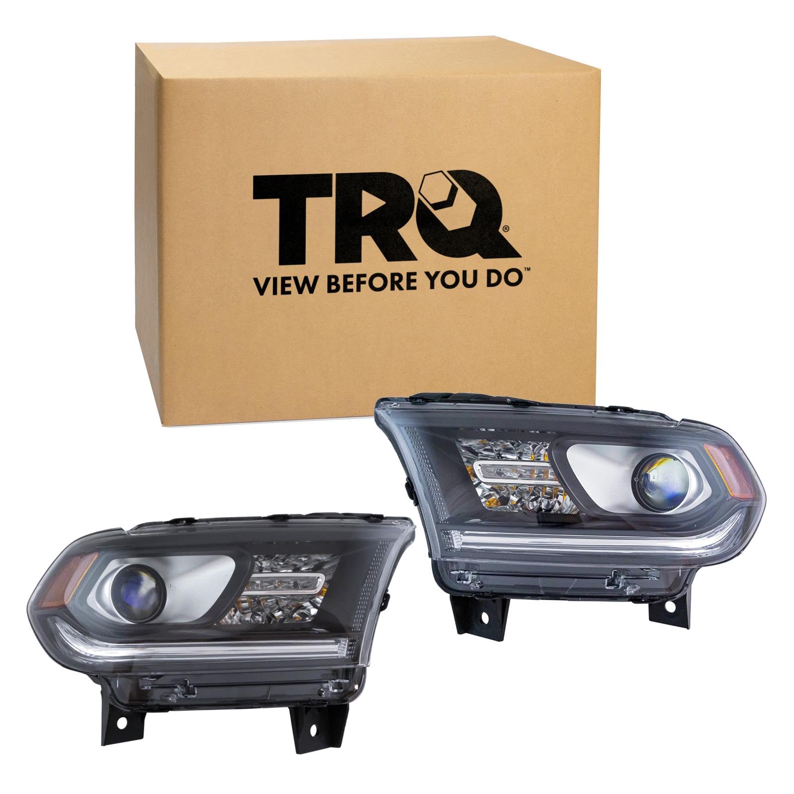 TRQ 2 Piece Headlight Assembly Set Black Bezel Driver &amp; Passenger Side Compatible with Dodge Durango 2014-2017 Without LED Daytime Running Lights CH2502255 CH2503255 68184826AI 68184827AI
