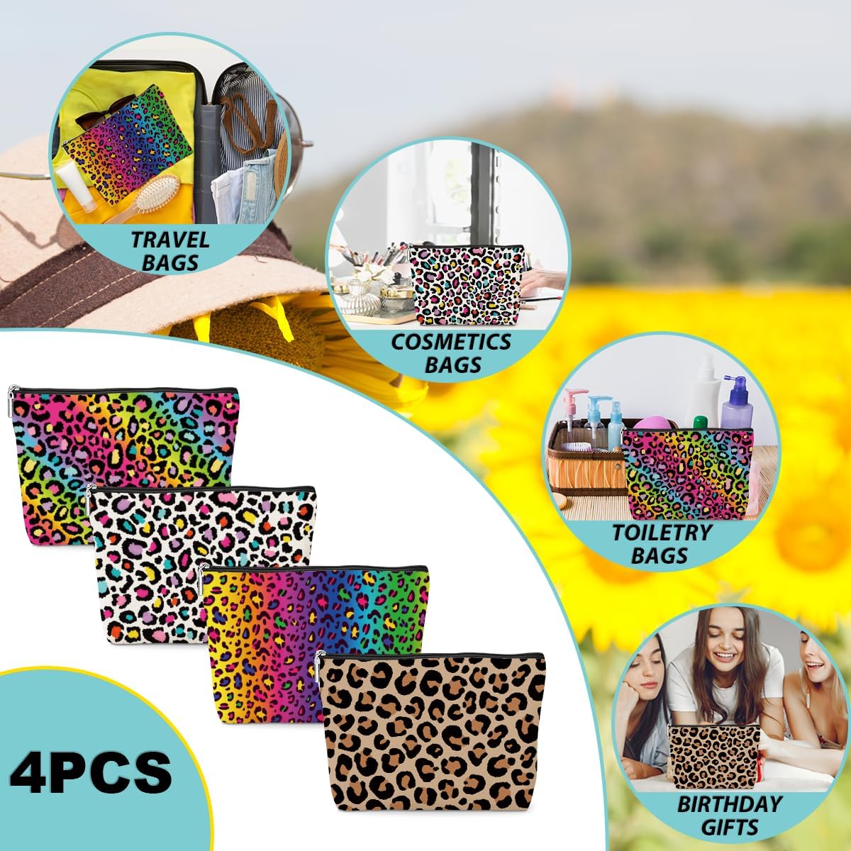 4 Pack Rainbow Leopard Print Makeup Bag Cosmetic Bags，Leopard Decor Gifts for Women Cheetah Lovers Aunt Girl Friend Sister Bestie Nurse Mom Thanksgiving Birthday Christmas Waterproof Toiletry Bag - Image 7