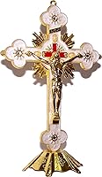 Vista 9 de Holy Land Market Crucifijo de mesa de altar, decoración para iglesia o hogar, esmalte adornado (12 pulgadas, dorado/blanco y rojo)