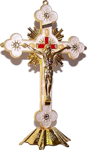 Miniatura 9 de Holy Land Market Crucifijo de mesa de altar, decoración para iglesia o hogar, esmalte adornado (12 pulgadas, dorado/blanco y rojo)