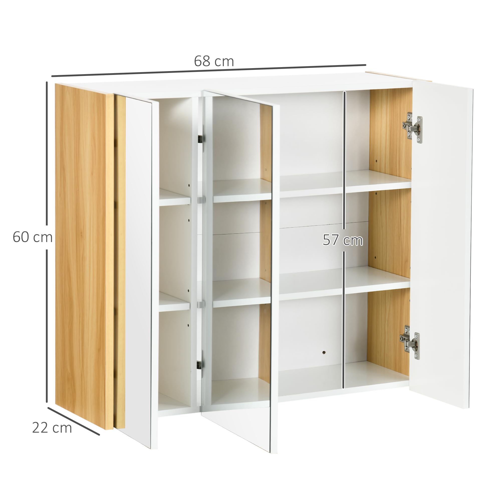 kleankin Armoire Miroir Salle de Bain Armoire de Toilette Miroir 3 Portes 4 étagères réglables 68 x 22 x 60 cm Aspect chêne Clair - Blanc