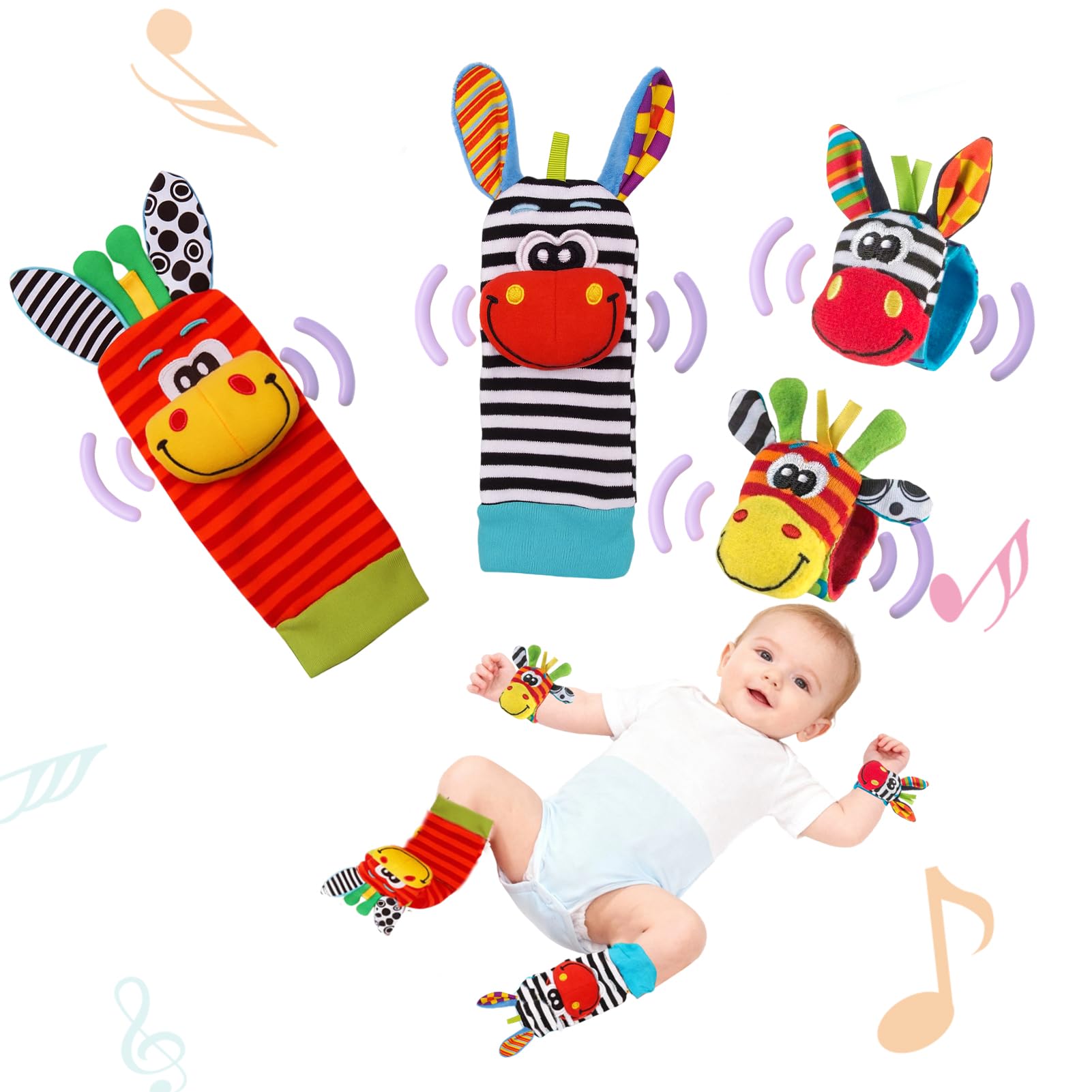 4 Pcs Baby Wrist and Ankle Rattles Toys, Sensory Toys for Babies, Foot Finder Baby Toy with Sensory Stimulation, Soft Animal Bell Newborn Gifts for 0 3 6 9 12 Month Infant Boys Girls