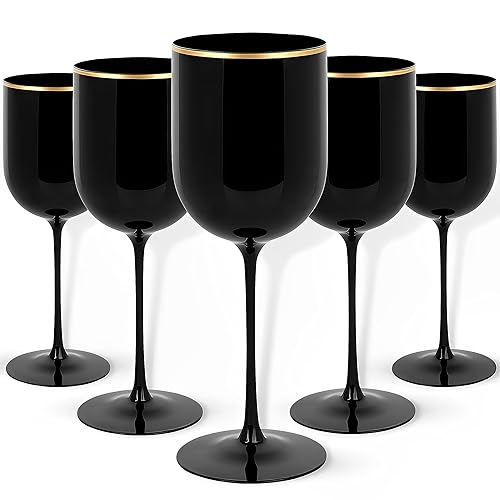 Blue Sky Copas de vino de plástico negro con borde dorado, 12 onzas (paquete de 5) reutilizables, vasos desechables para fiestas y eventos