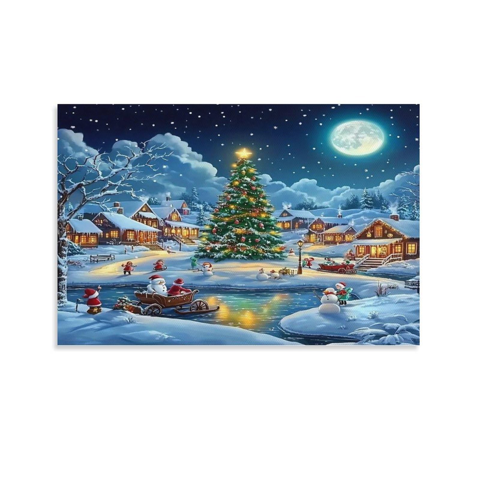 CPLVKWRQJ Snowy Christmas Village Under Moonlight 1 Piece Moonlit Village Big Christmas Tree Kids Play Canvas Print - Office Wall Art Fade Resistant Wall Focal Art Statement Piece 16x24inch(40x60cm)