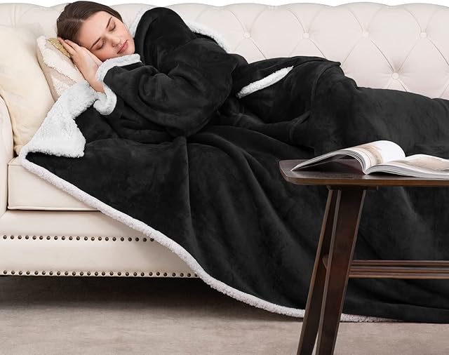 HBselect Wearable Blanket with Sleeves, Soft Fluffy Sherpa Plush Snuggle Slankets Blanket Throws for Sofa Warm Fleece Blanket for Women & Adult, Dark Grey, 150×180cm