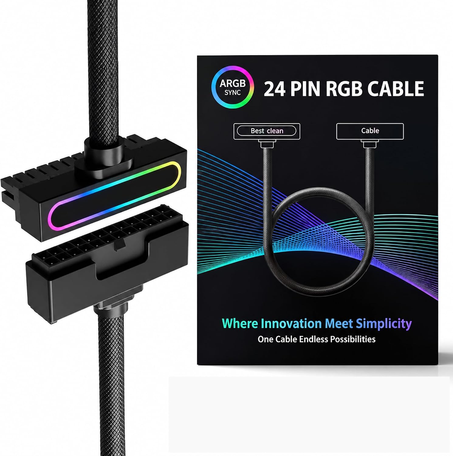 24Pin Motherboard Power Extension Cable with ARGB Extension Cable PC 90-Degree Design. This Power Extension Cable is Suitable for Male and Female interfaces of Various Motherboards and Power Supplies