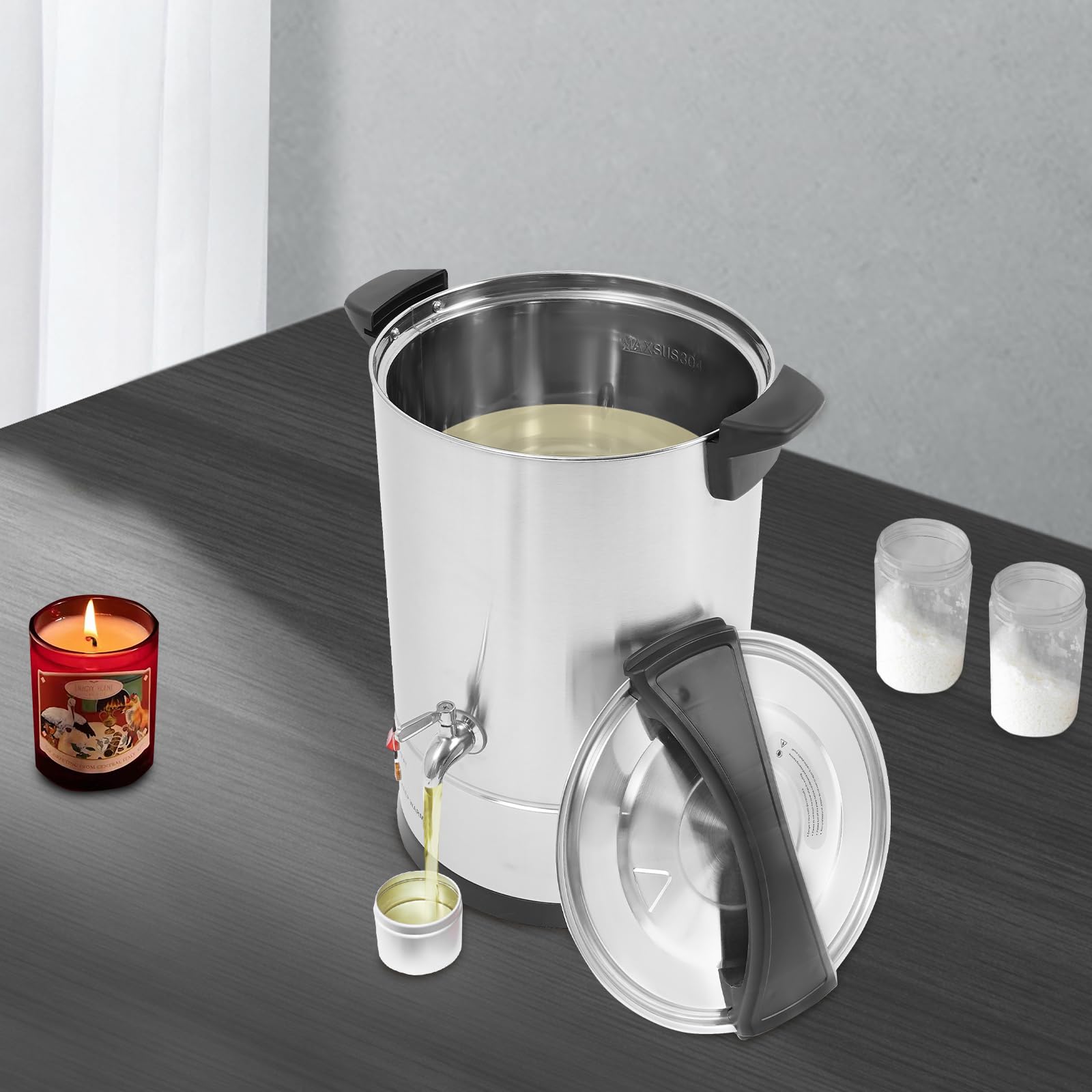Cera de fusión eléctrica de 12 litros con ajuste de temperatura 30 – 110 °C, de acero inoxidable para la fabricación de velas, con boquilla para cera de soja, parafina, cera de abejas