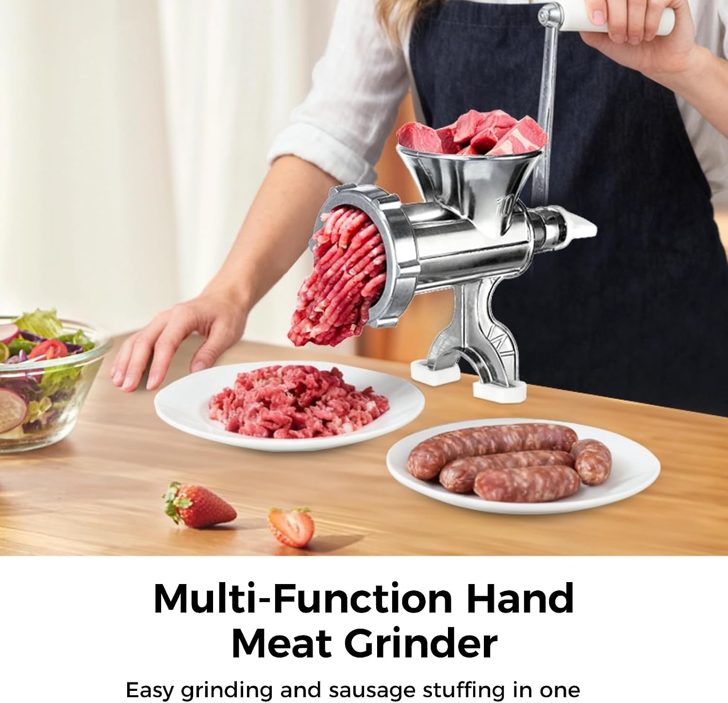 Silver Hand Operated Meat Grinder, Metal Meat Mincer with 3 Sausage Funnels, Manual for Home