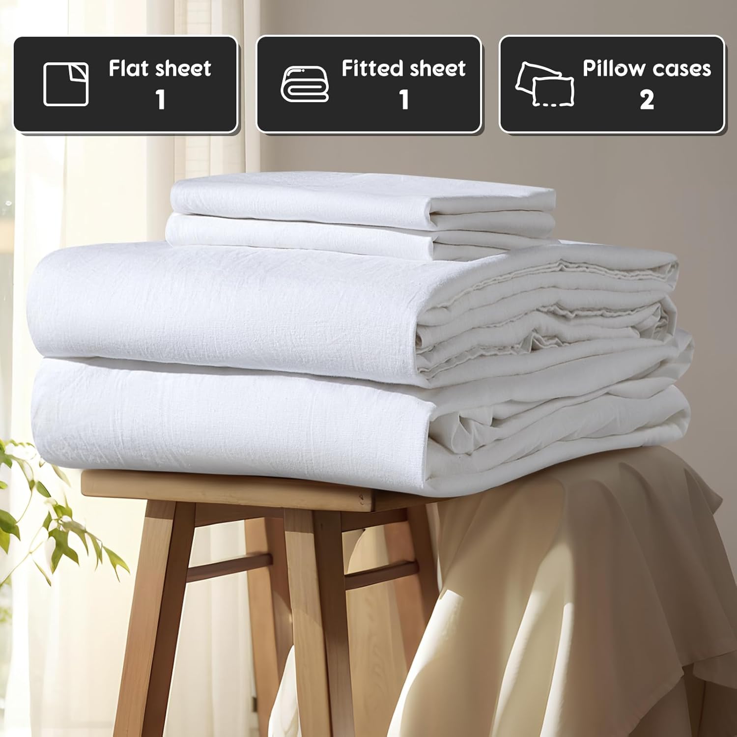 Shilucheng 100% French Linen Sheets - Queen Size Bed Sheets, Breathable & Cooling Pure Linen Sheets,Soft Durable and Tear Resistant -16 Inch Deep Pocket - 4Pcs (White, Queen) - Image 8