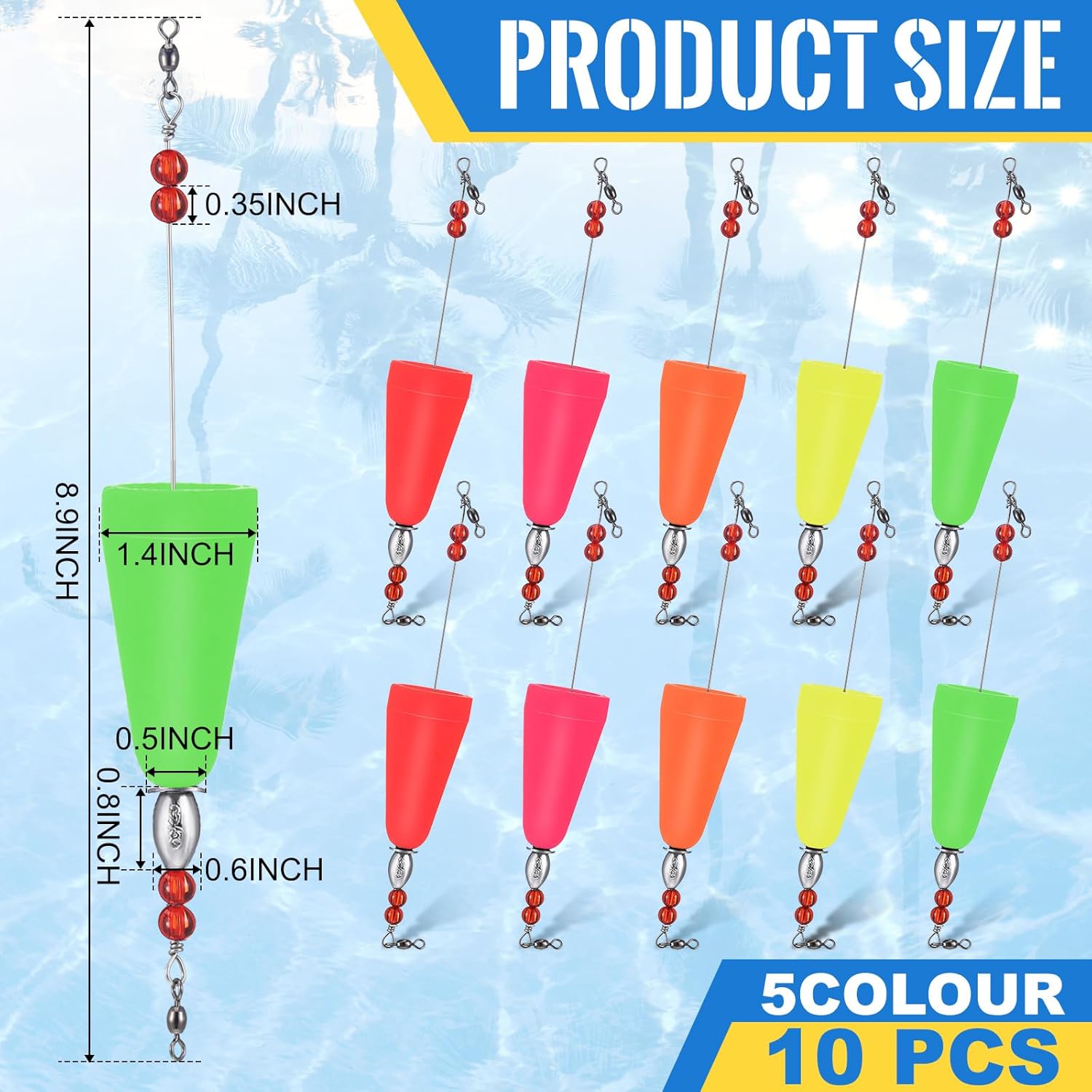 Lunmon 10 Pcs Popping Corks Floats for Saltwater High Visibility Cork Fishing Weighted Bobber Floats Bobbers Fishing Tackle for Redfish Speckled Trout Sheepshead Flounder