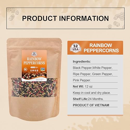 Miniatura 2 de 52USA Granos de pimienta arcoíris, 12 onzas, granos de pimienta para molinillo de repuesto, granos de pimienta blanca entera, granos de pimienta