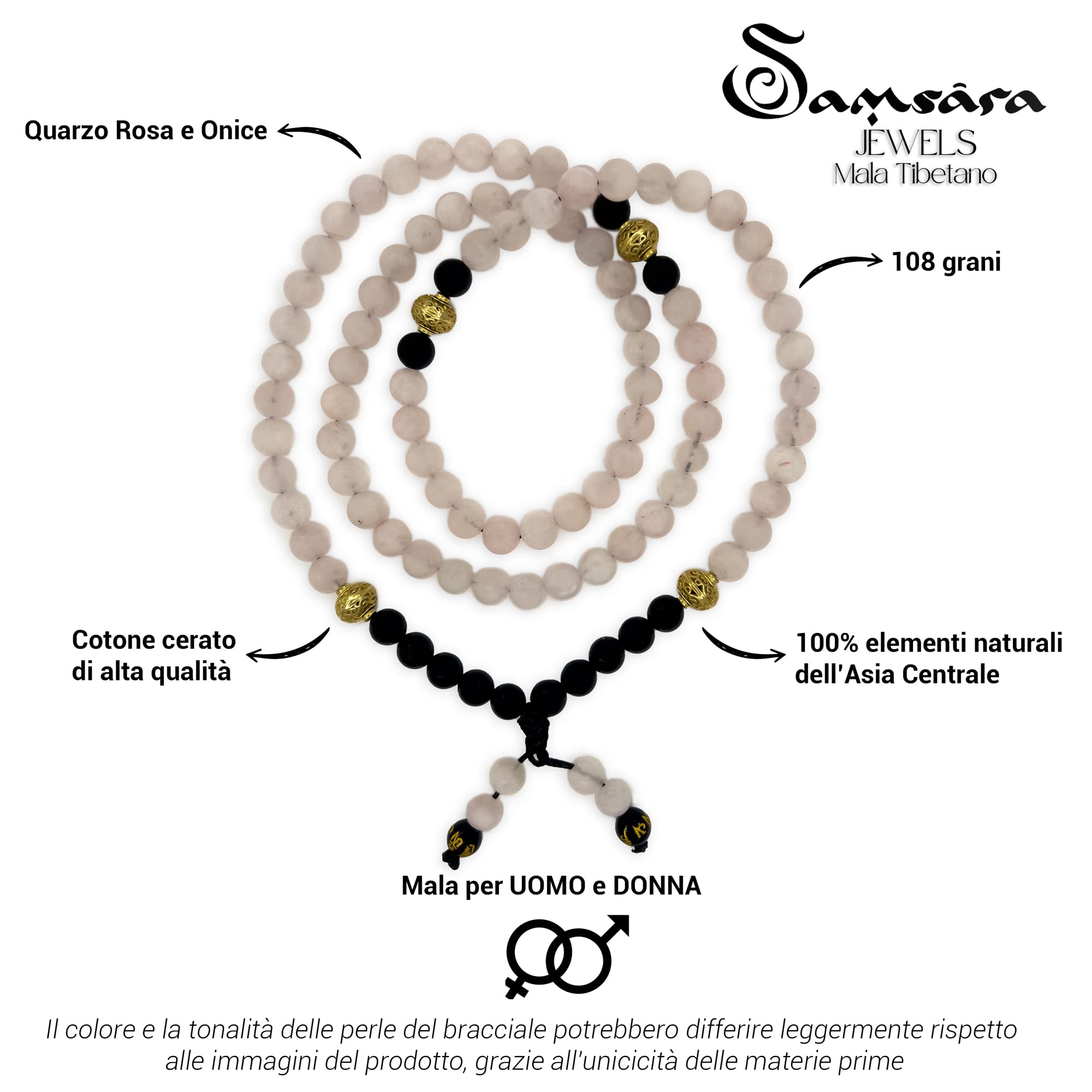 Samsara Mala Tibetano - Collana Pietre Naturali, Collana Tibetana, con 108 Grani - con Rosario Tibetano Religioso - Design Elegante e Artigianale