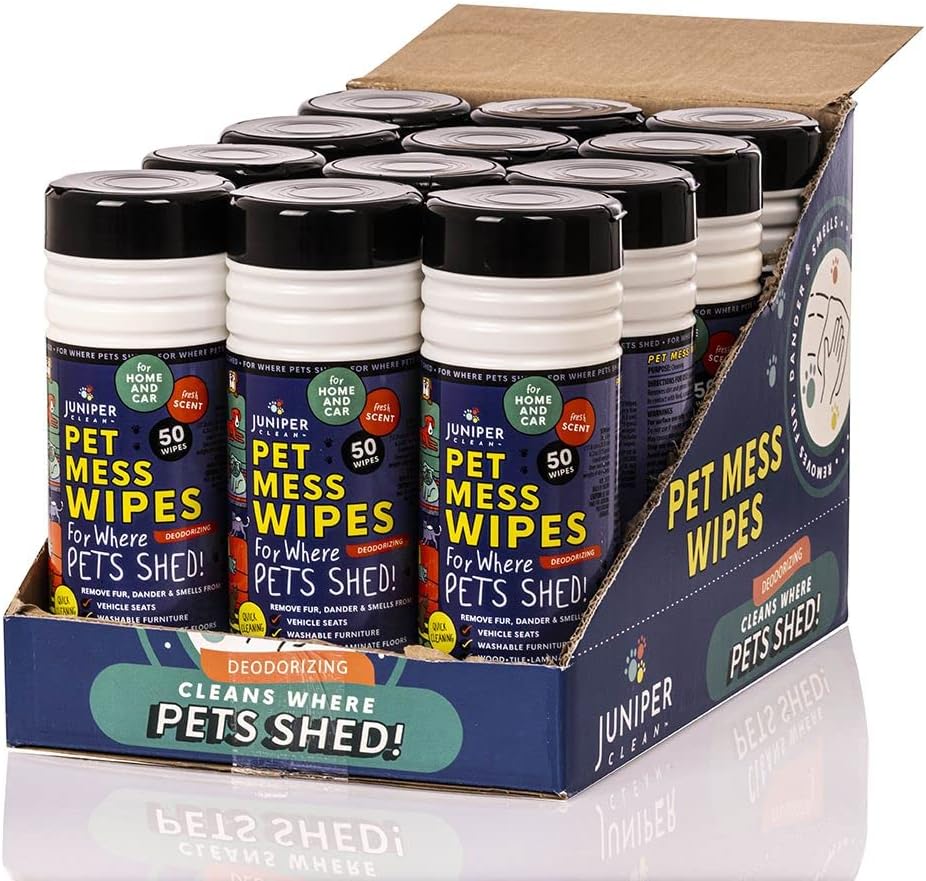 Pet Mess Wipes for Pets Cleansing, Wipes for Dogs and Puppies–Remove Fur, Dander, Smells from Vehicle Seats, Washable Furniture, Wood, Tile, and Laminate Floors, 50 Count (Pack of 12)