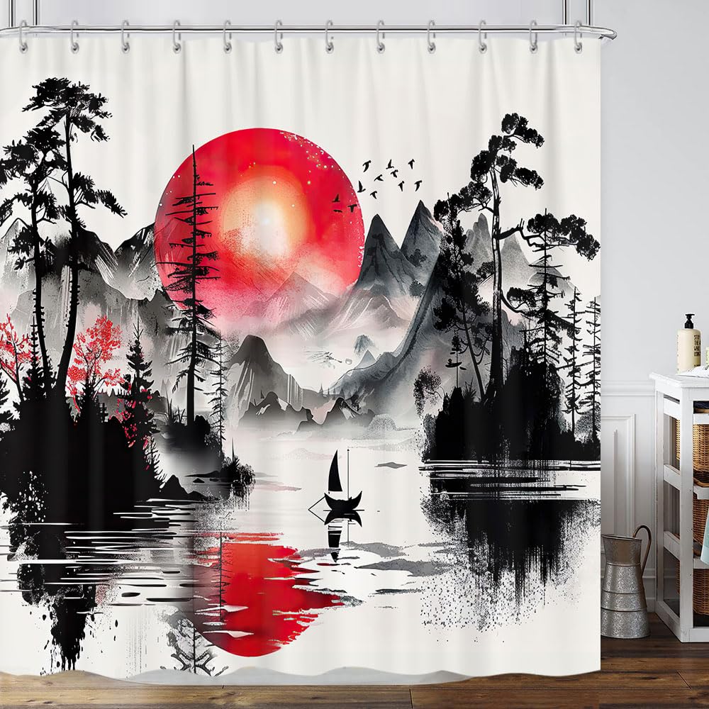 GOAOK Japanese Red and Black Forest Shower Curtain, Anime Mountain Tree Sun Aesthetic Shower Curtain Set, Cool Asian Dark Nature Landscape Ink Art