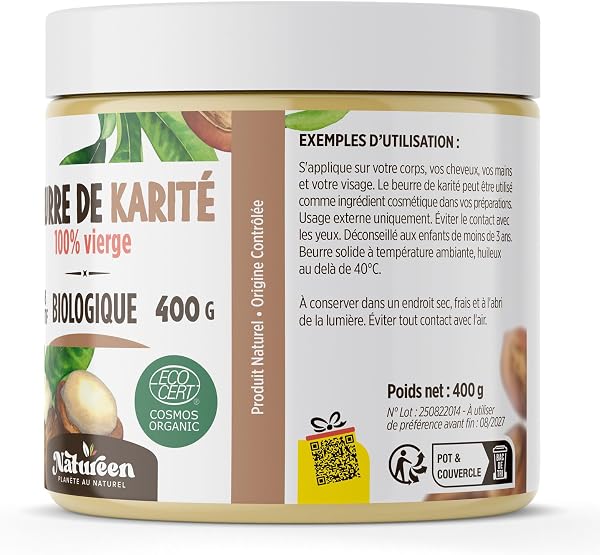 Beurre de Karité brut Bio 400 g - certifié bio - biologique - sans additifs - Non raffiné - Planète au Naturel -100% végétal - cheveux - corps - visage - pur - Végan - 3