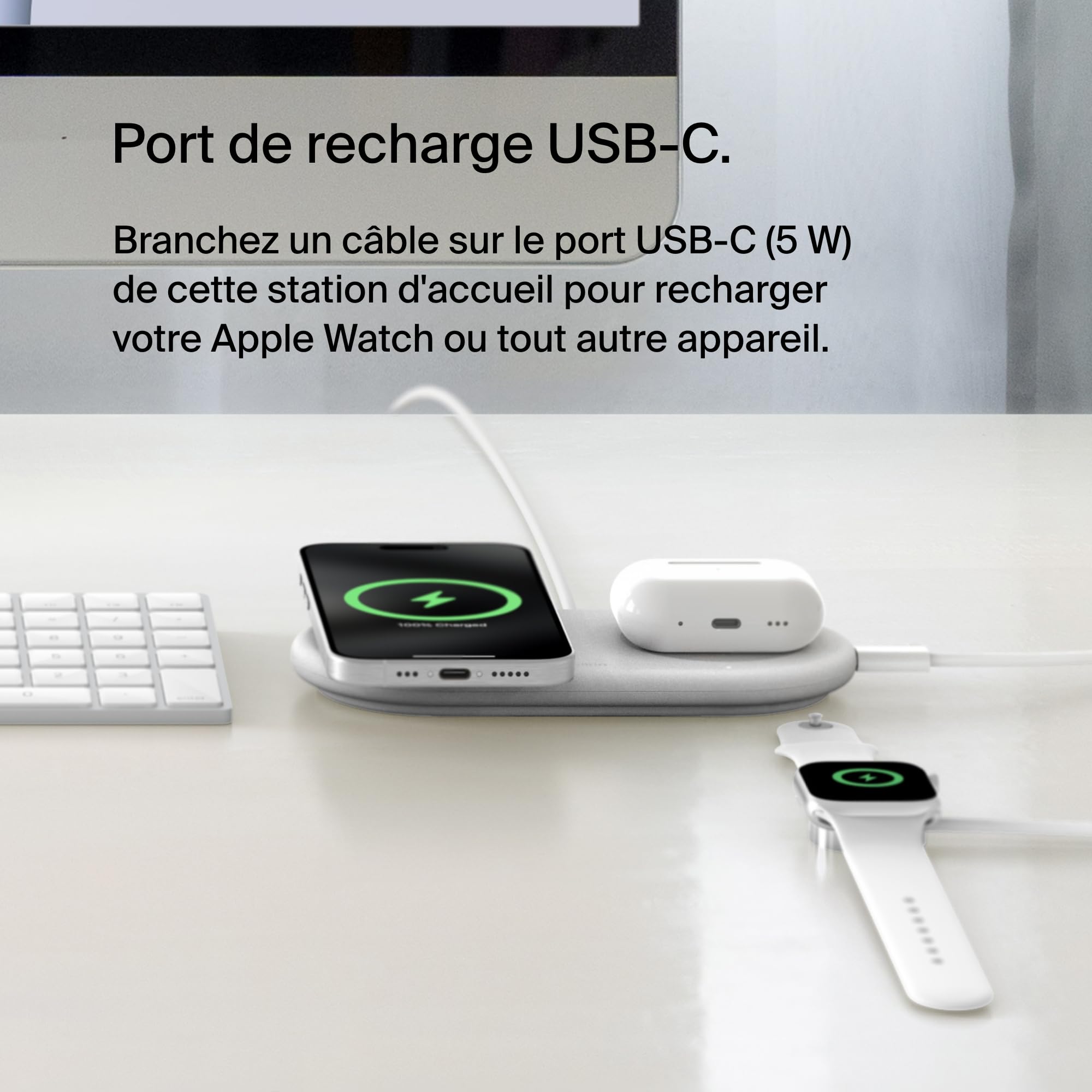 Belkin BoostCharge Pro Station de Recharge 2-en-1 avec Qi2, Recharge Rapide 15W, Chargeur sans Fil pour l'iPhone 17, iPhone Air, Pixelsnap, Les AirPods, et Tout Appareil MagSafe - Blanc