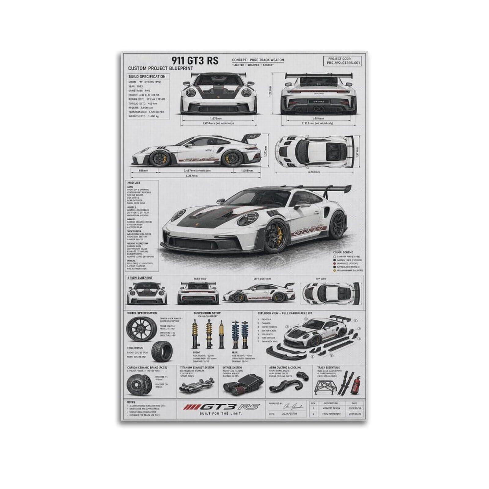 XKUGA Supercar Poster 911 GT3 992 RS Racing Track Aero Kit Modern Decorative Canvas Prints - Ideal Wall Art for Family, Man Cave, Game Room, Boys & Girls Bedroom 24x36inch(60x90cm)