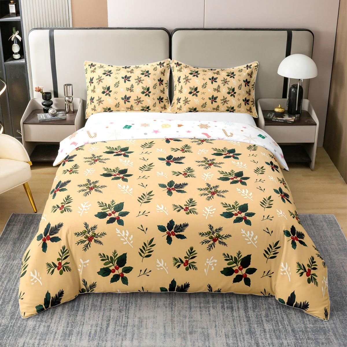 Xmas Holly Leaves 100% Cotton Duvet Cover Twin Size,Winter Pine Tree Bedding Set 2Pcs for Kids Room Decor,Merry Christmas Theme Comforter Cover,Light Brown Bed Quilt,1 Pillowcase (No Comforter)