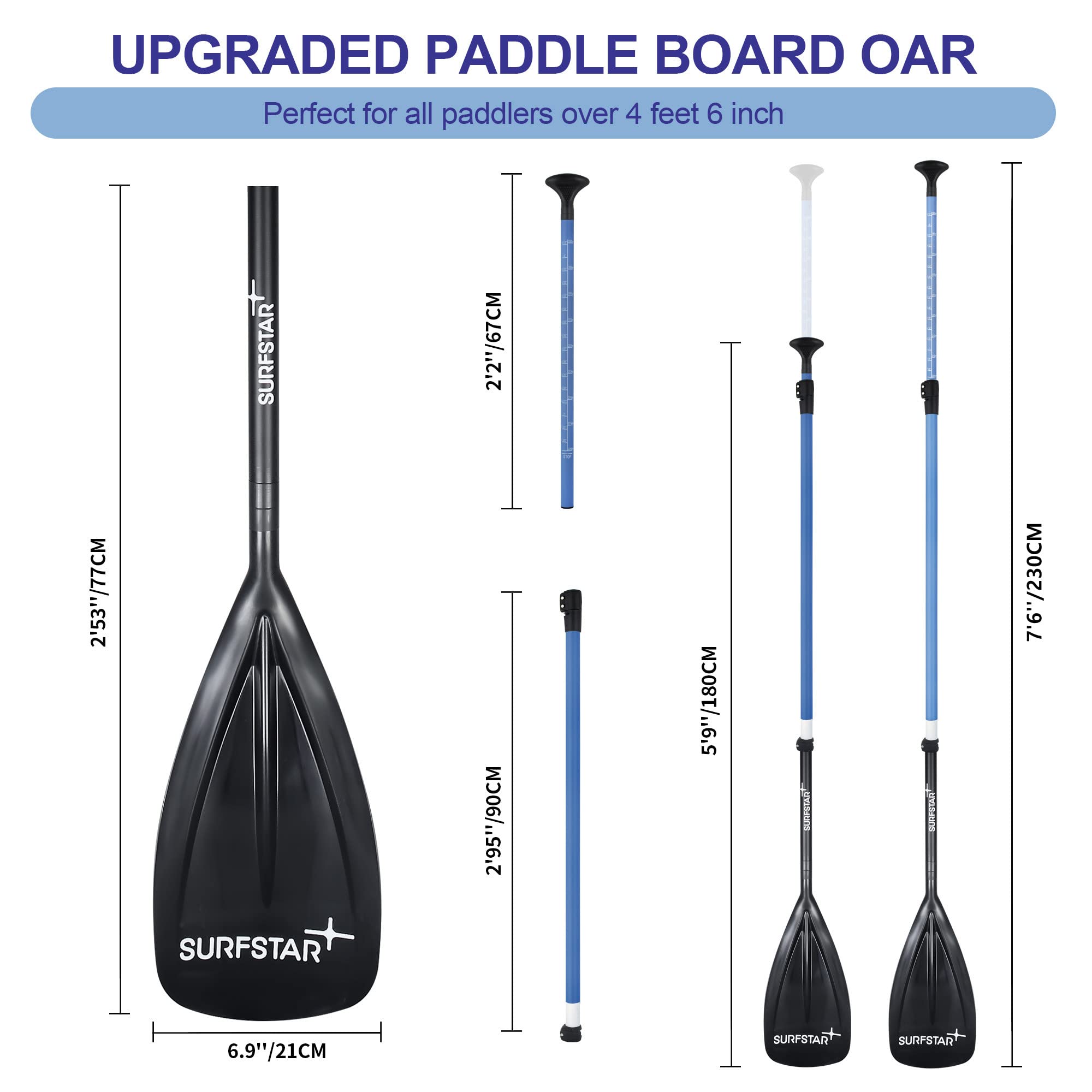 surfstar Fiberglass SUP Paddle, Floating Stand Up Paddle 3 Piece Adjustable Paddle Board Oars with Fiberglass Shaft and Nylon Blade, Paddleboard Paddle Length Adjustable 70-86 inches/180-220cm, Blue
