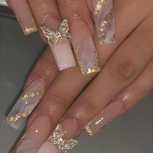 Uñas postizas largas a presión, uñas postizas de punta francesa blanca con diamantes de imitación de mariposa, diseños de dijes, uñas acrílicas,