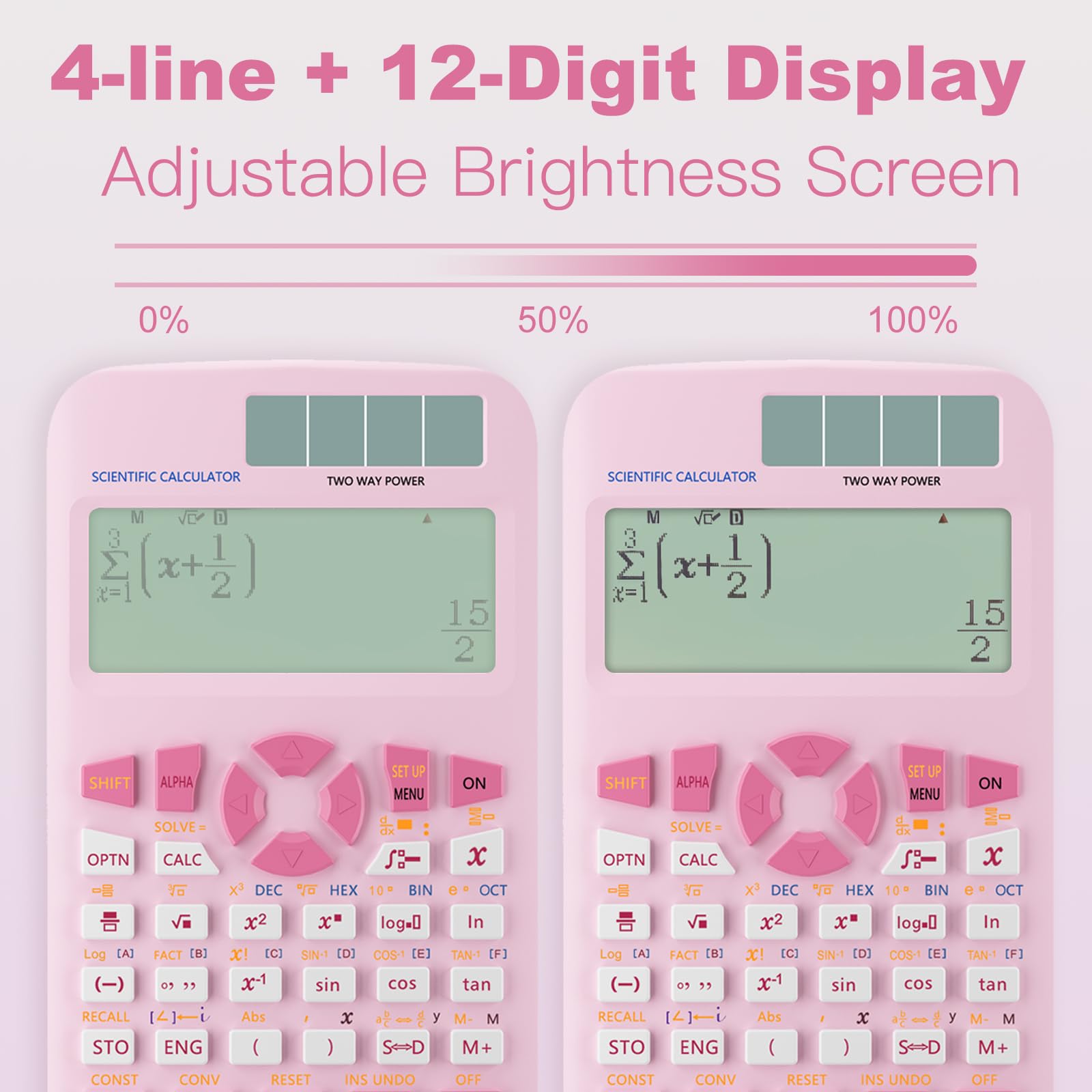 Calcolatrice scientifica, Rudnia rosa, calcolatrice solare con display a 4 righe, 10+2 cifre e 552 funzioni, ideale per studenti delle scuole medie e universitarie (rosa)