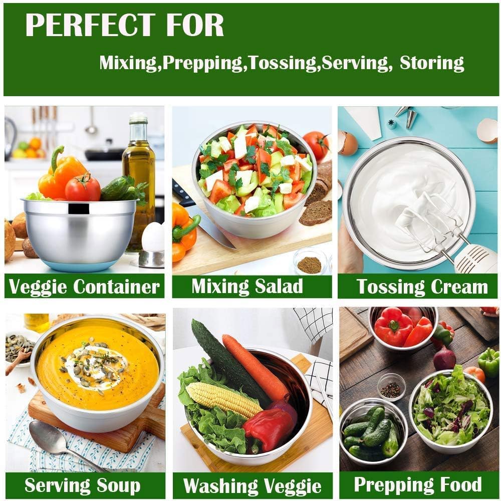 7 Colors Stainless Steel Mixing Bowl with Lid Home Kitchen Egg Mixer Salad Bowls Non-Slip Silicone Bottom Food Storage Bowl Set (Color : D) (A)
