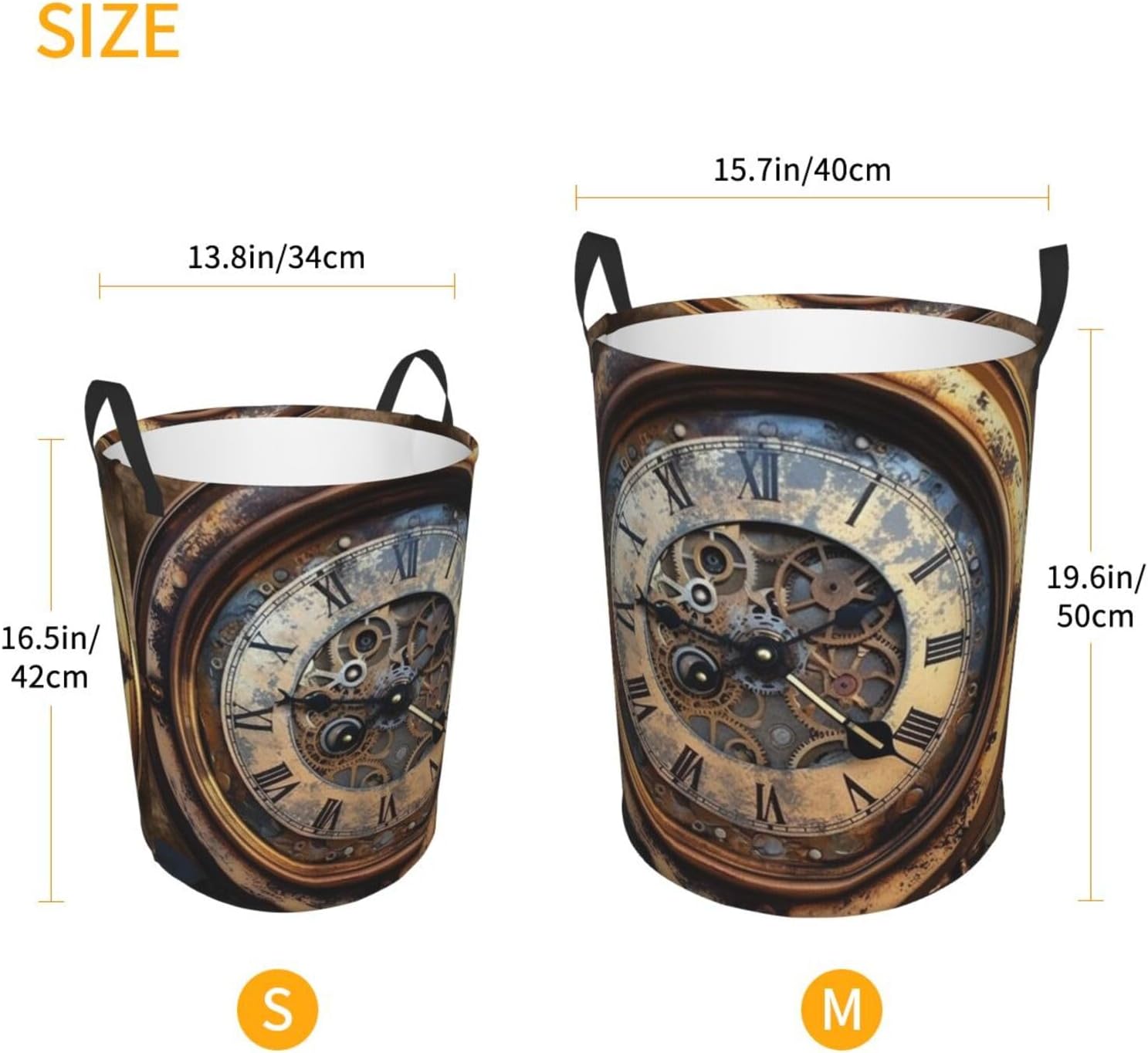 Steampunk Clock Laundry Basket With Handles, Foldable Laundry Hamper Oxford Cloth Dirty Clothes Basket Waterproof Clothes Toys Storage Bin Organizer for Bedroom Bathroom Dorm