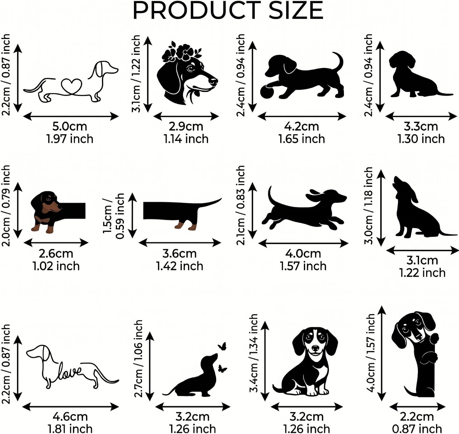 Dazoratix Dog Rearview Mirror Decal - 12 Pcs Cute Dachshund Vinyl Car Rear View Window Stickers Funny Waterproof Bumper Accessories for Women Men Auto Trucks Tumbler Vehicle Laptop Water Bottle Decor