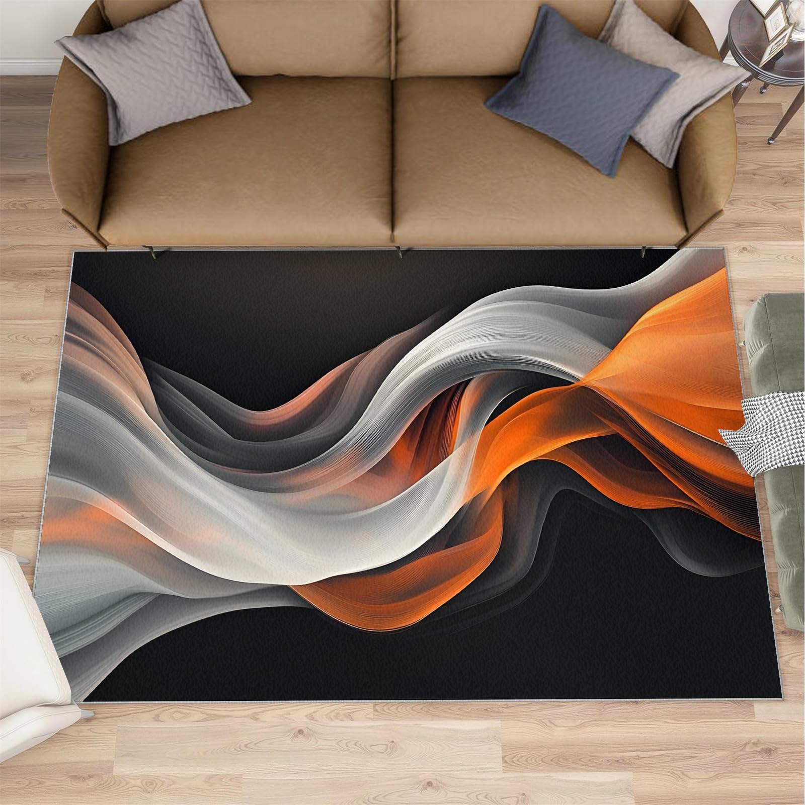 Tapis motif vagues abstraites pour salon, orange et gris, motif ligne fumée, antidérapant, lavable, pour chambre à coucher, cuisine, salle à manger, décoration - 160 x 230 cm