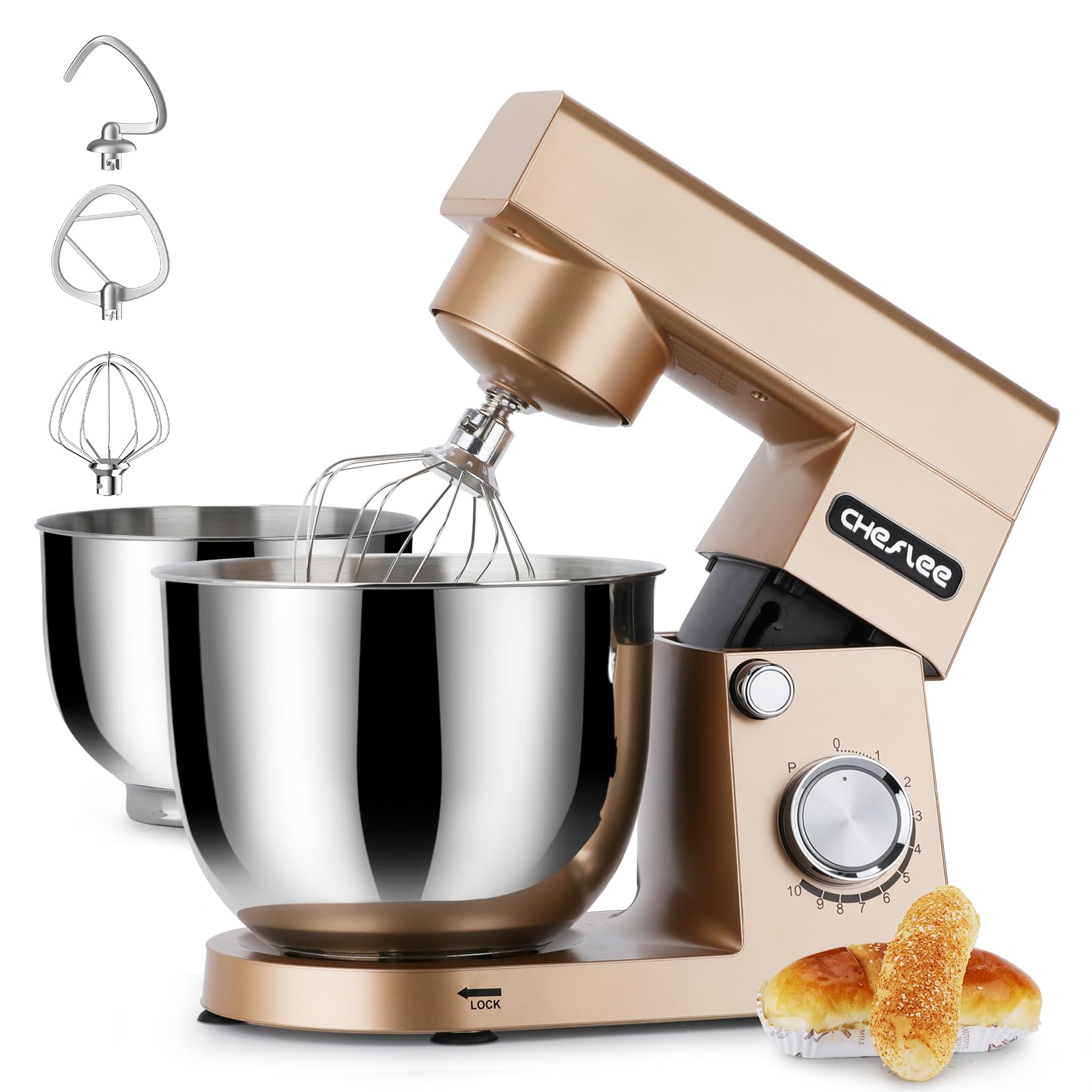 Robot Patissier CHeflee,1500 W Robot Pâtissier,avec Bol en Acier Inoxydable de 4,5 et 5,5 L,10+P Vitesse,avec Crochet Mélangeur, Crochet Pétrisseur,Fouet et Protection Anti-Eclaboussures (Dore）