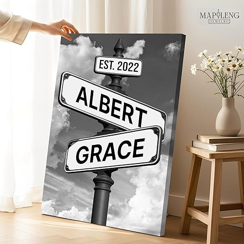 Miniatura 4 de Mapileng Lienzo personalizado con letrero de calle Crossroads arte de pared personalizado con nombre y año para parejas, decoración moderna en