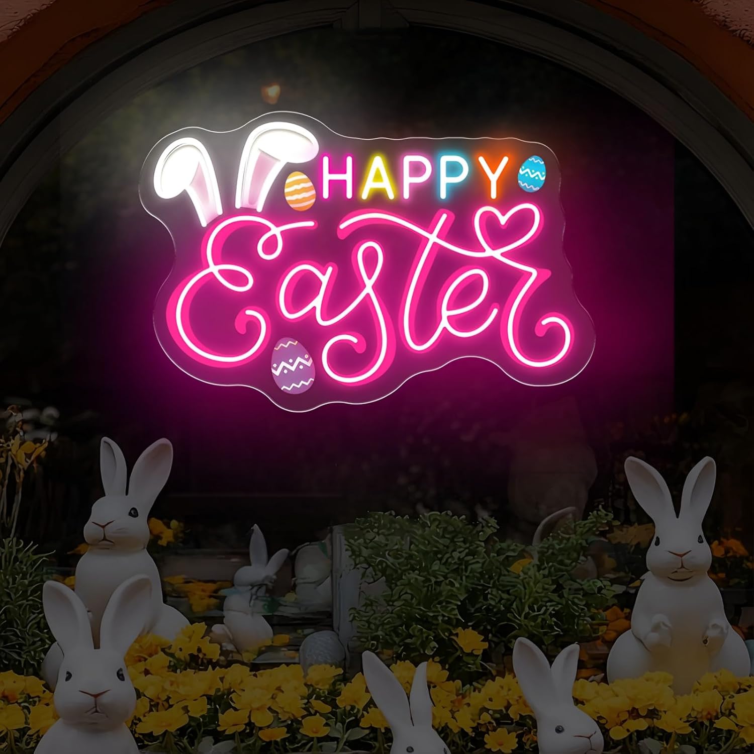 Happy Easter Neon Sign Easter Decor for Home Wall Window Porch, Spring Holiday Party Decoration for Kids Family Classroom, Dimmable LED Spring Wall Decor USB Powered 16.5"x11"
