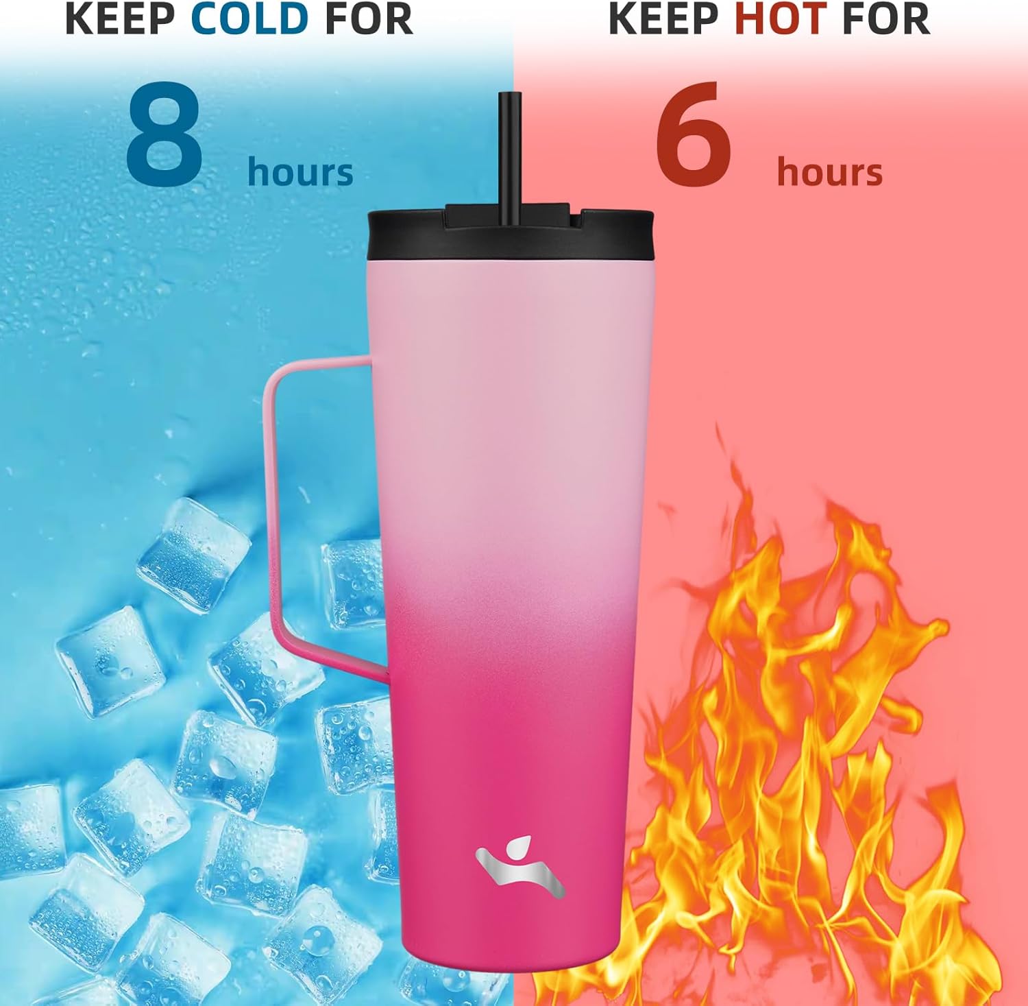 Insulated Tumbler with Handle and Straw, 26 OZ Travel Coffee Mug Stainless Steel Cup Metal Water Bottle,Cherry - Image 4